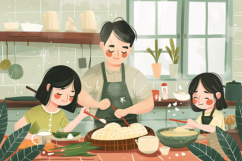 端午包粽子小吃手绘插画