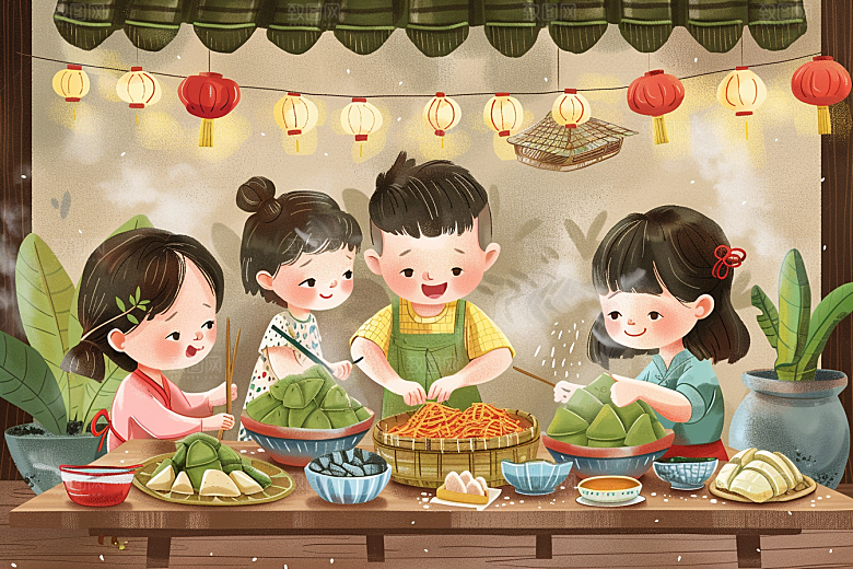 端午包粽子糯米高清插画