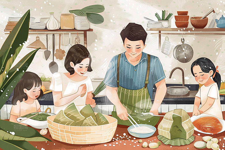 端午包粽子传统文化节日插画