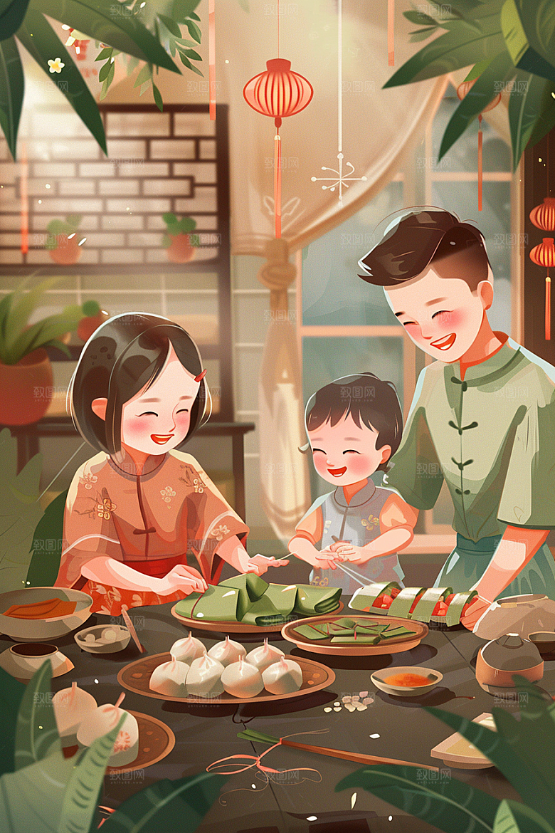 端午包粽子手绘美味插画