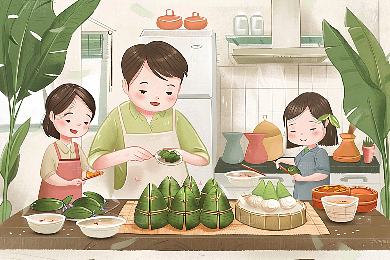 端午包粽子糯米美味插画