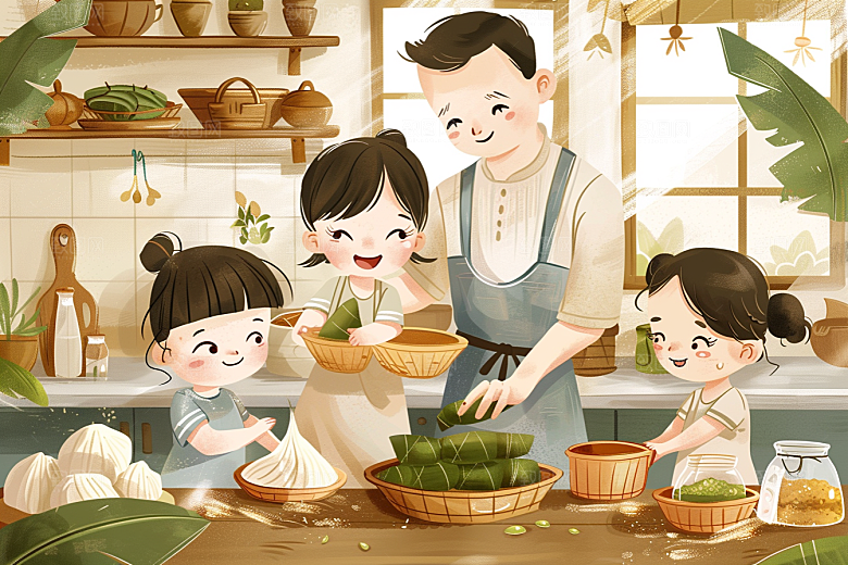 端午包粽子阖家团聚幸福插画