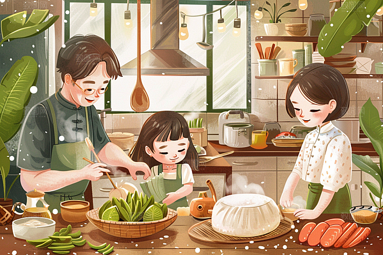 端午包粽子美食幸福插画
