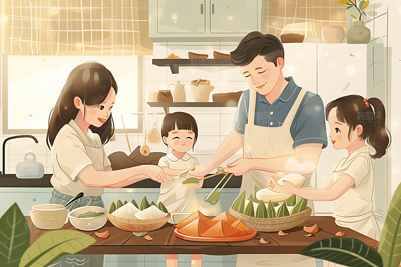 端午包粽子端午节阖家团聚插画