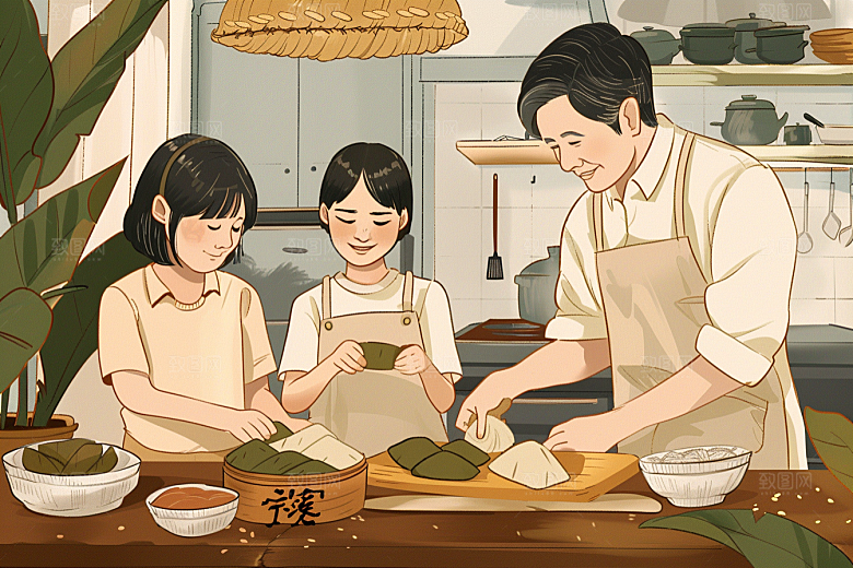 端午包粽子幸福粽叶插画