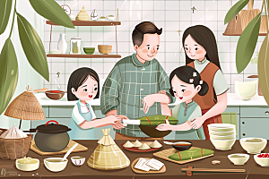 端午包粽子幸福端午节插画