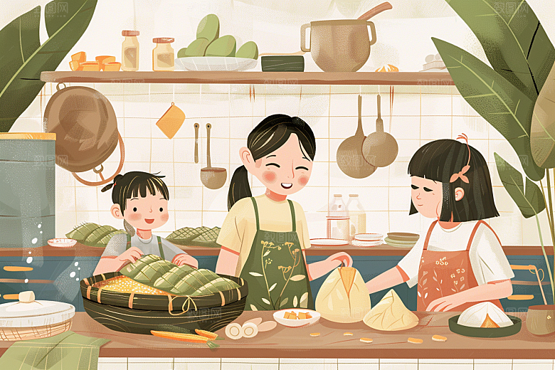 端午包粽子温馨美食插画