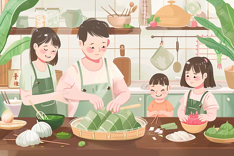 端午包粽子习俗美食插画