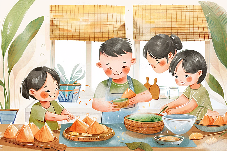 端午包粽子幸福糯米插画