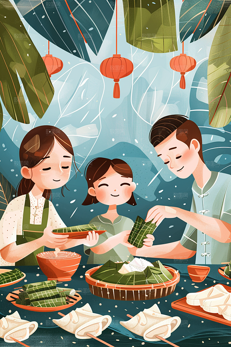 端午包粽子糯米粽叶插画