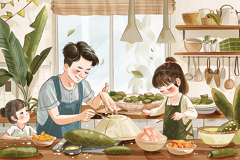 端午包粽子节日氛围美食插画
