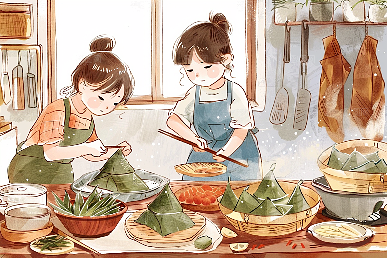 端午包粽子节日氛围手绘插画