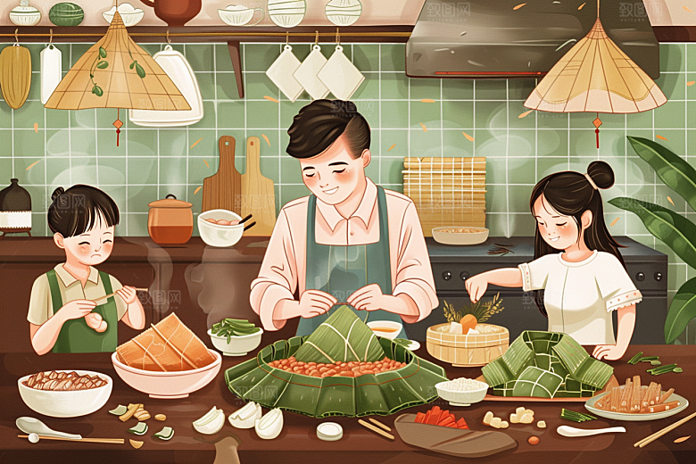 端午包粽子幸福阖家团聚插画