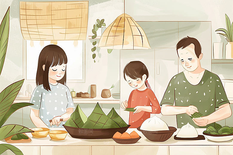 端午包粽子小吃美味插画