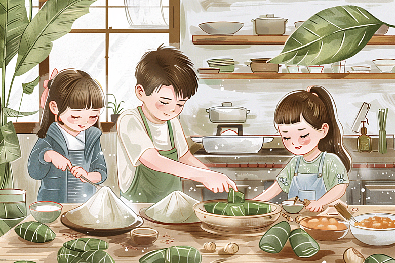 端午包粽子温馨粽叶插画