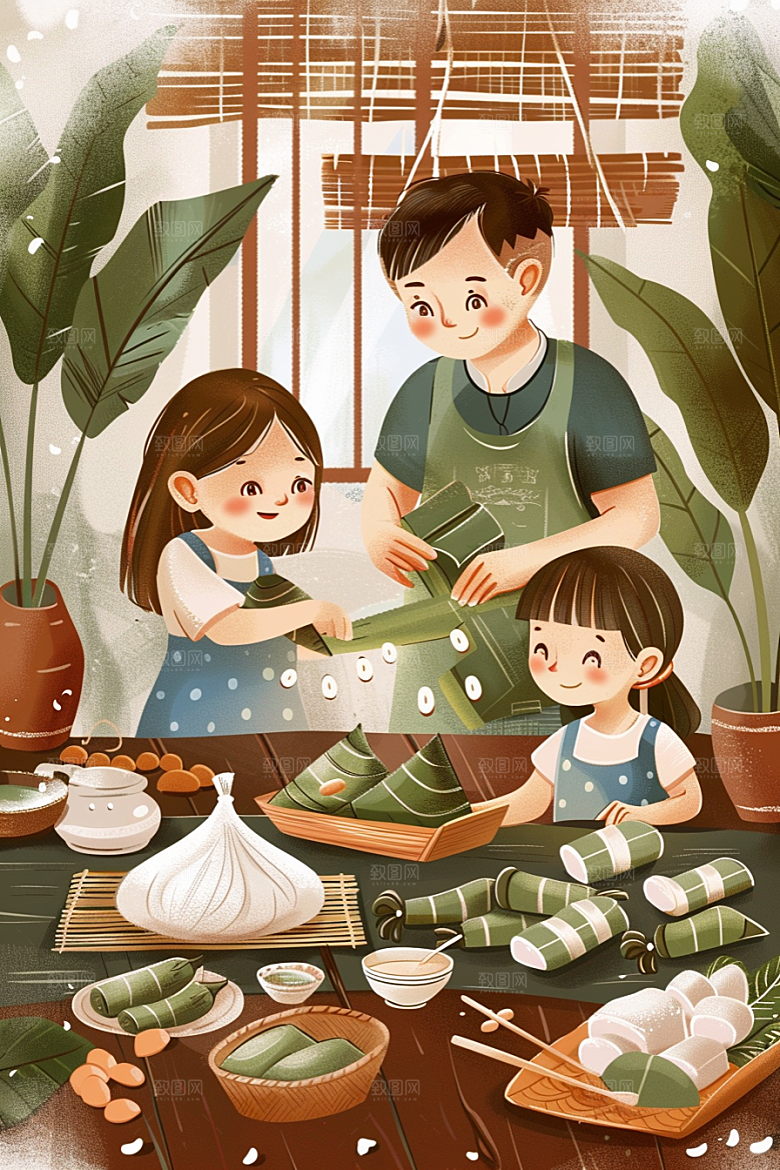 端午包粽子小吃节日氛围插画