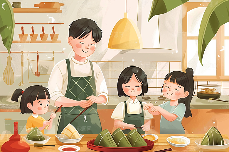 端午包粽子粽叶手绘插画