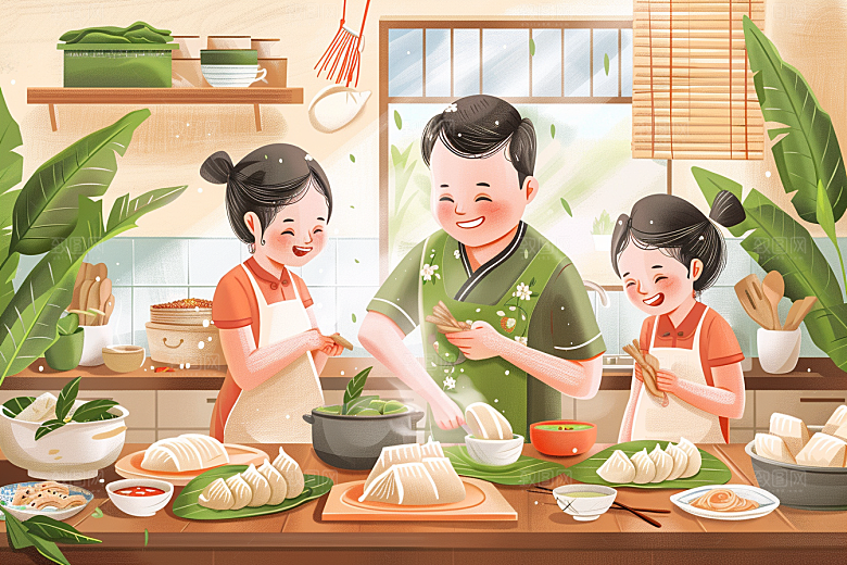 端午包粽子习俗美食插画