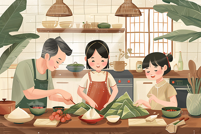 端午包粽子粽叶节日插画