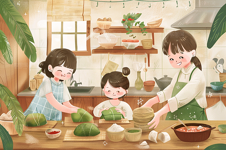 端午包粽子高清手绘插画