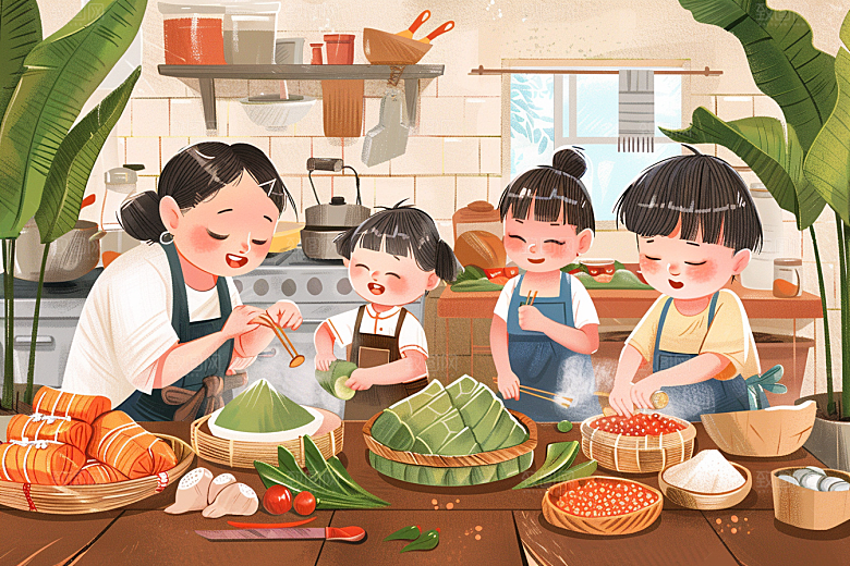端午包粽子习俗手绘插画