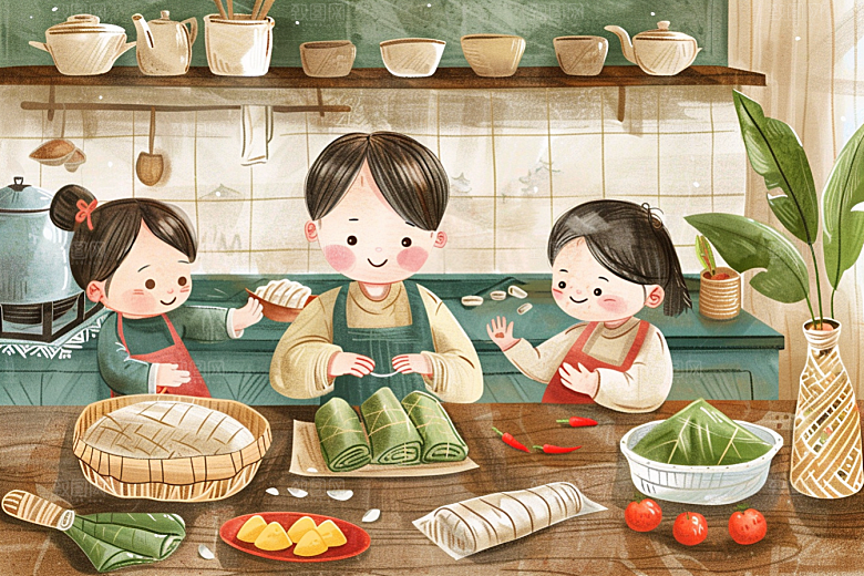 端午包粽子幸福糯米插画