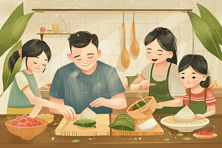 端午包粽子节日幸福插画