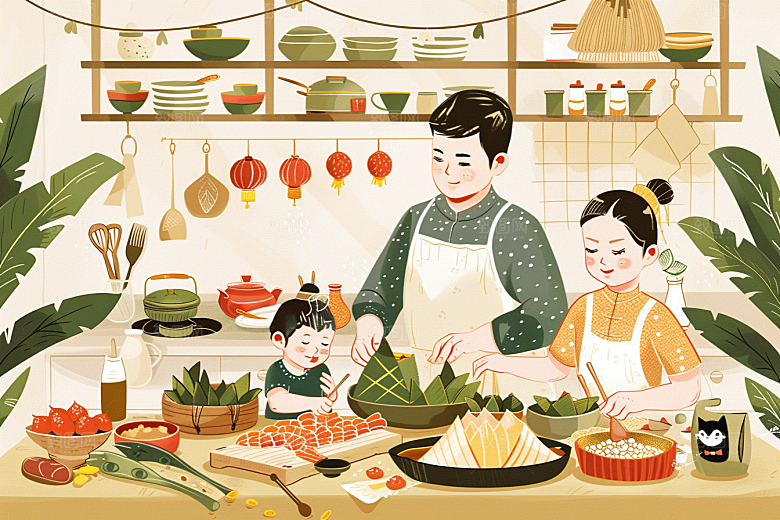 端午包粽子糯米美食插画