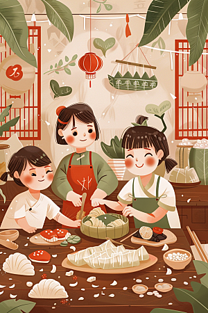 端午包粽子节日阖家团聚插画