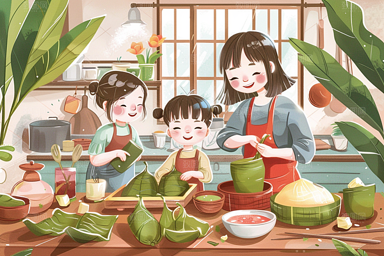 端午包粽子温馨端午节插画
