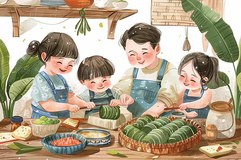 端午包粽子习俗粽叶插画