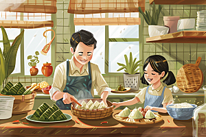 端午包粽子习俗美味插画