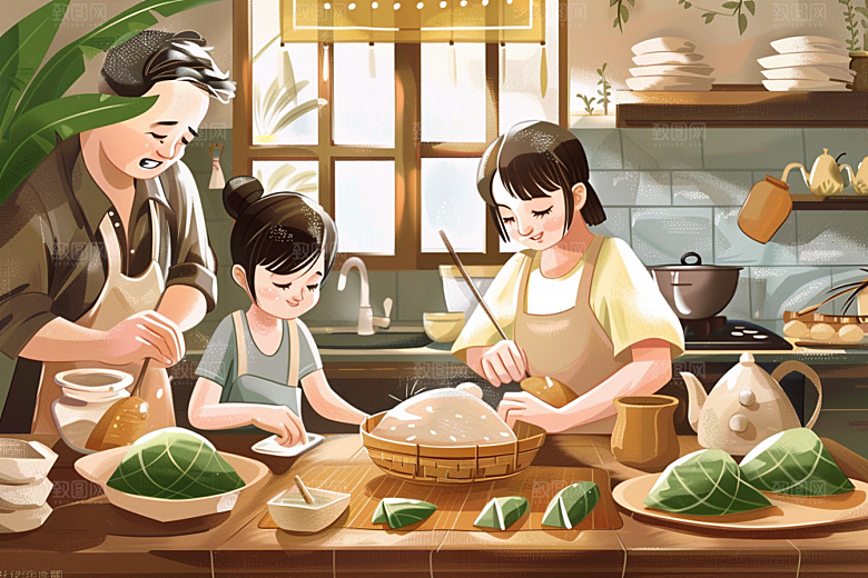 端午包粽子高清美味插画