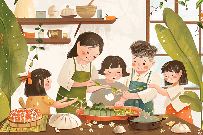 端午包粽子高清温馨插画