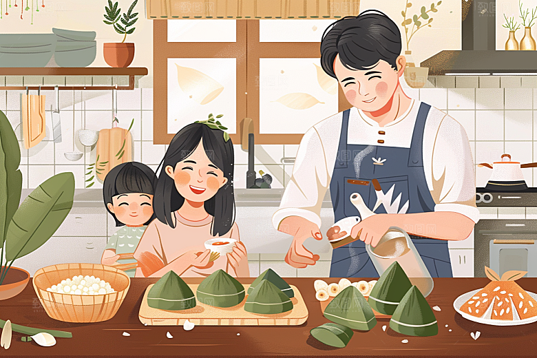 端午包粽子手绘温馨插画