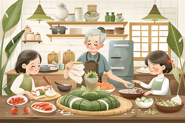 端午包粽子端午节粽叶插画