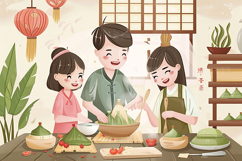 端午包粽子手绘小吃插画