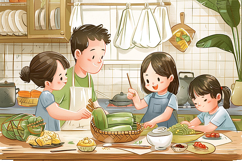 端午包粽子幸福粽叶插画