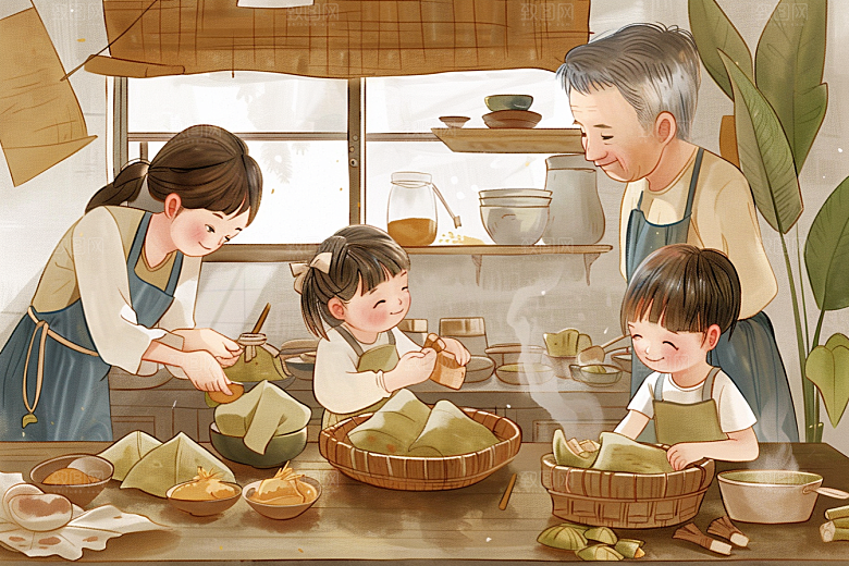 端午包粽子粽叶小吃插画