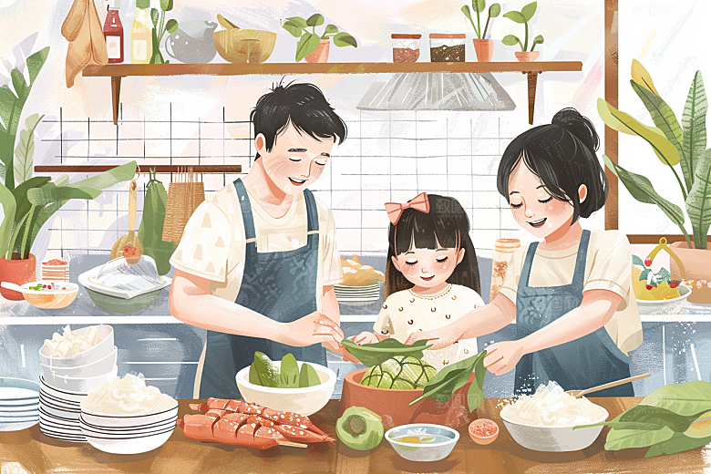 端午包粽子端午节阖家团聚插画