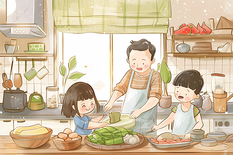 端午包粽子小吃幸福插画