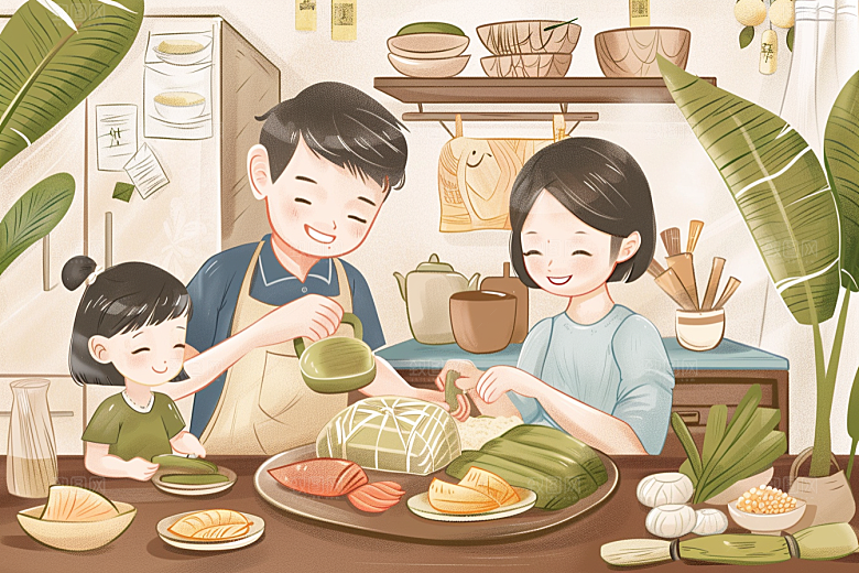 端午包粽子传统文化幸福插画