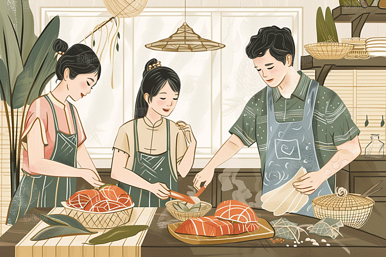 端午包粽子阖家团聚小吃插画