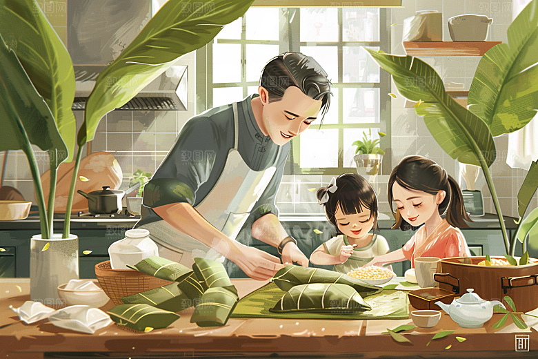 端午包粽子节日氛围糯米插画