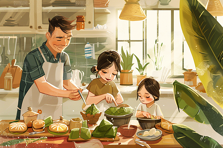 端午包粽子粽叶手绘插画