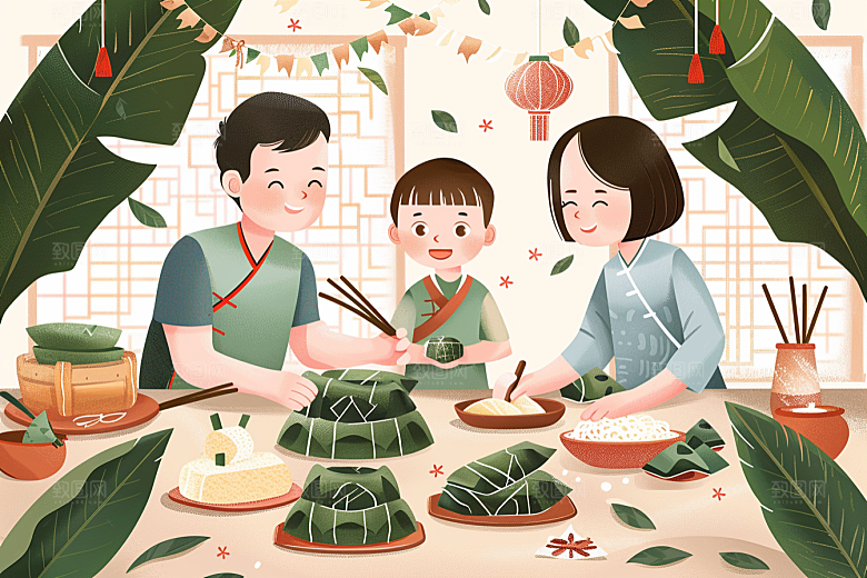 端午包粽子习俗小吃插画