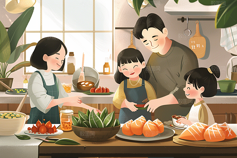 端午包粽子粽叶美食插画