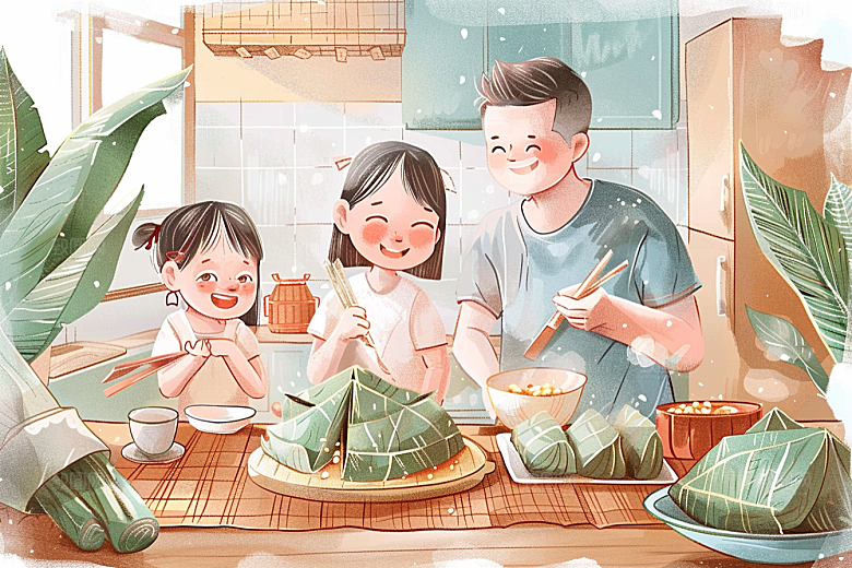 端午包粽子粽叶美味插画