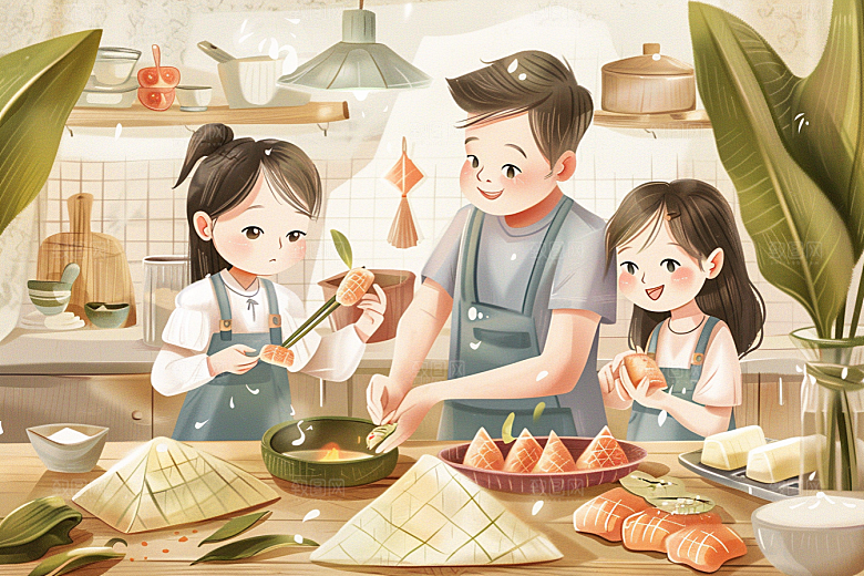 端午包粽子糯米手绘插画