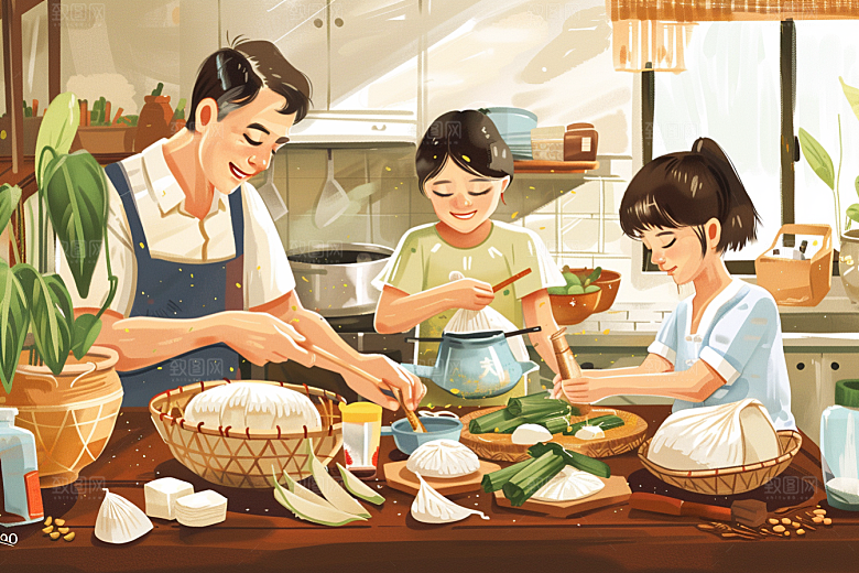 端午包粽子节日手绘插画